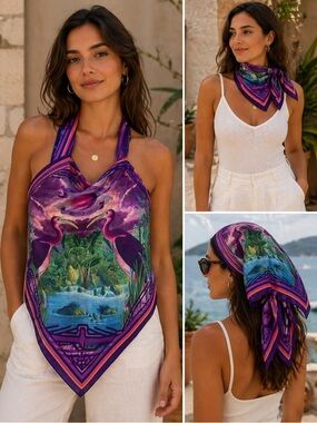 Vosges Haut-Chocolat Peace Love Satin Scarf Vibrant Tropical Birds And Foliage